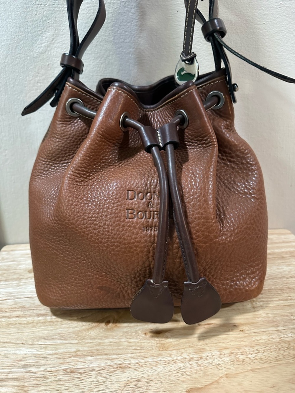 Dooney & Bourke Brown Leather Drawstring Shoulder Bag with Dark Brown Trim - Picture 7 of 16